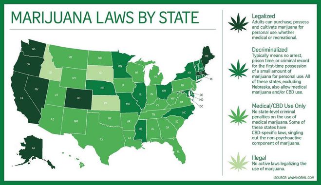 Карта США с указанием штатов, где легализована марихуана