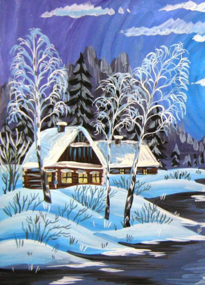 Как нарисовать зимний домик у реки поэтапно для детей мастер-класс гуашь?