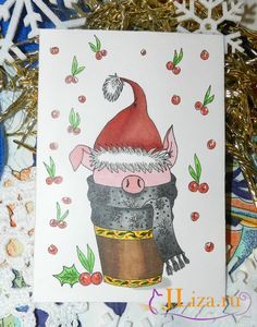 Как нарисовать новогоднюю открытку со свинкой