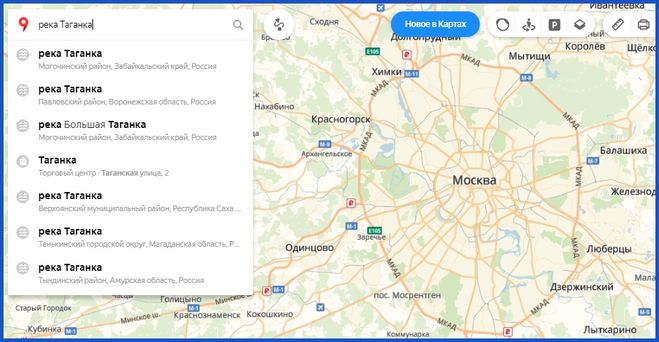 Поиск реки Таганки на Яндекс-карте