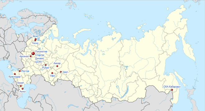 География участников чемпионата России по футболу сезона 2017/2018