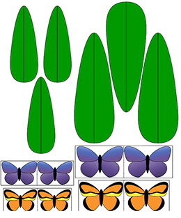 шаблон с листьями и бабочками для поделки с подсолнухом