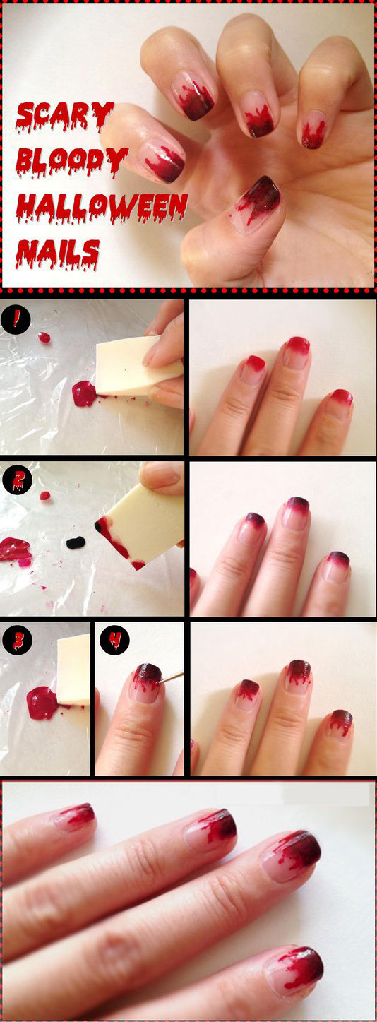 рисунок с пятнами крови поэтапно на ногтях для Хэллоуина