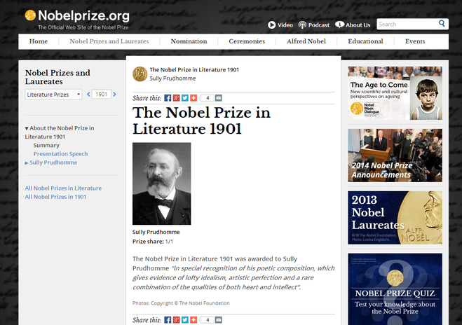 текст при наведении - скриншот официального сайта Нобелевской премии