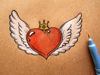 Сердце с крыльями рисунок, объемный эффект 3D поэтапно своими руками